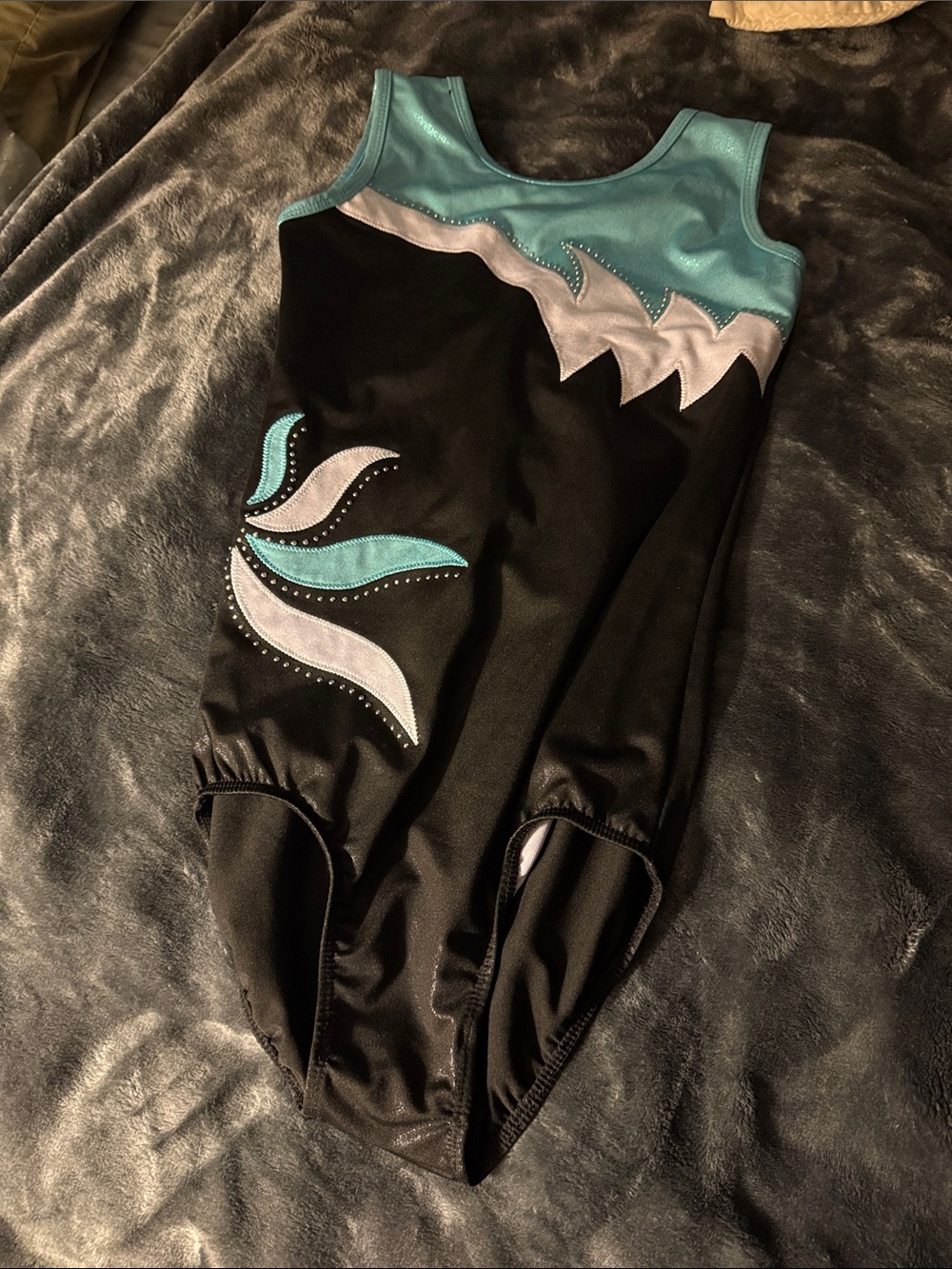 Girls' Black and Teal Gymnastics Leotard with Silver Accents 16 A